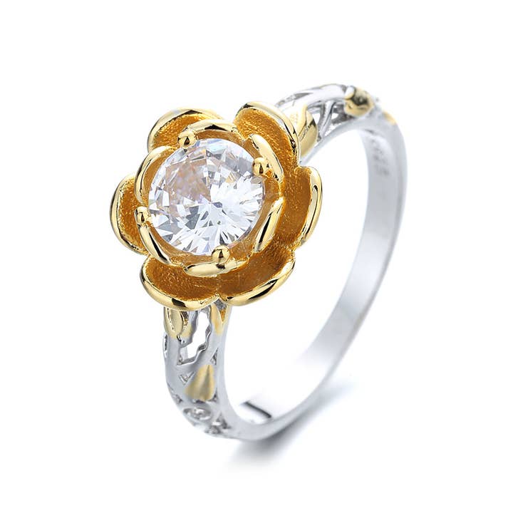 Amy and Annette 14K Gold over Sterling Silver Floral Ring with crystals from Swarovski for wholesale by Amy and Annette