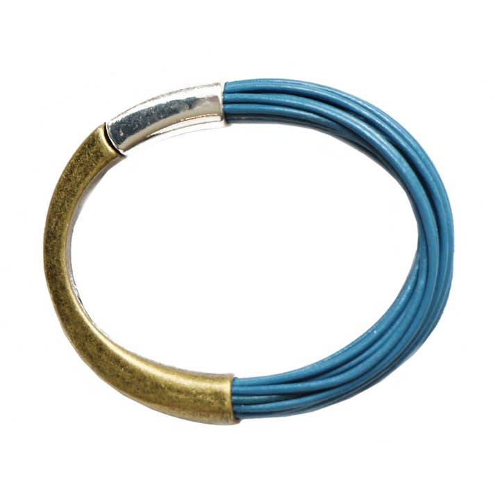 AIMA-blu Beaded Leather Bracelet with Silver Brass Closure for wholesale by Julie Bessette