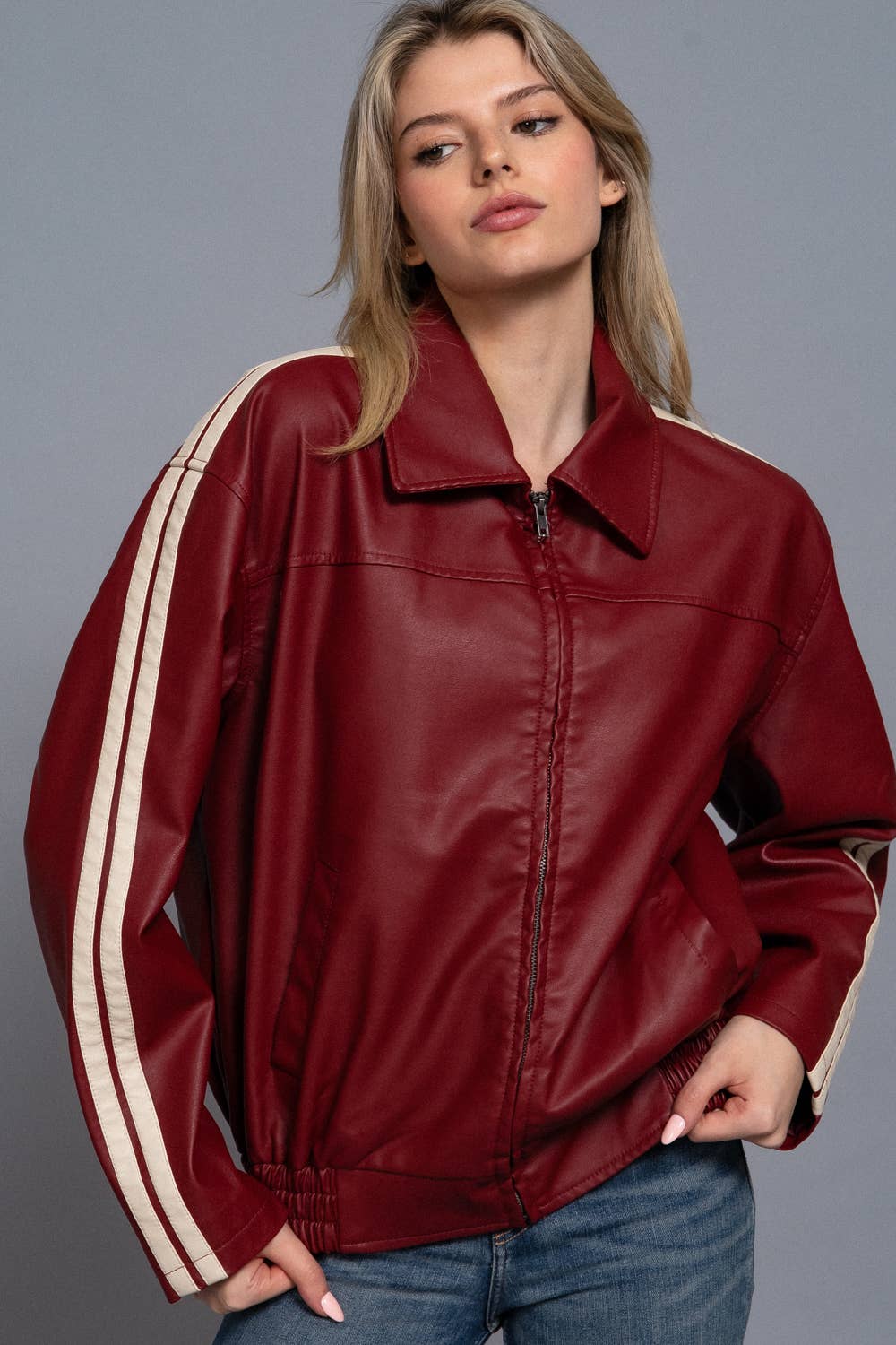 Active Basic | Active USA - Wholesale Leather Jacket - Women's - Long Sleeve Line Detail Faux Leather Jacket7