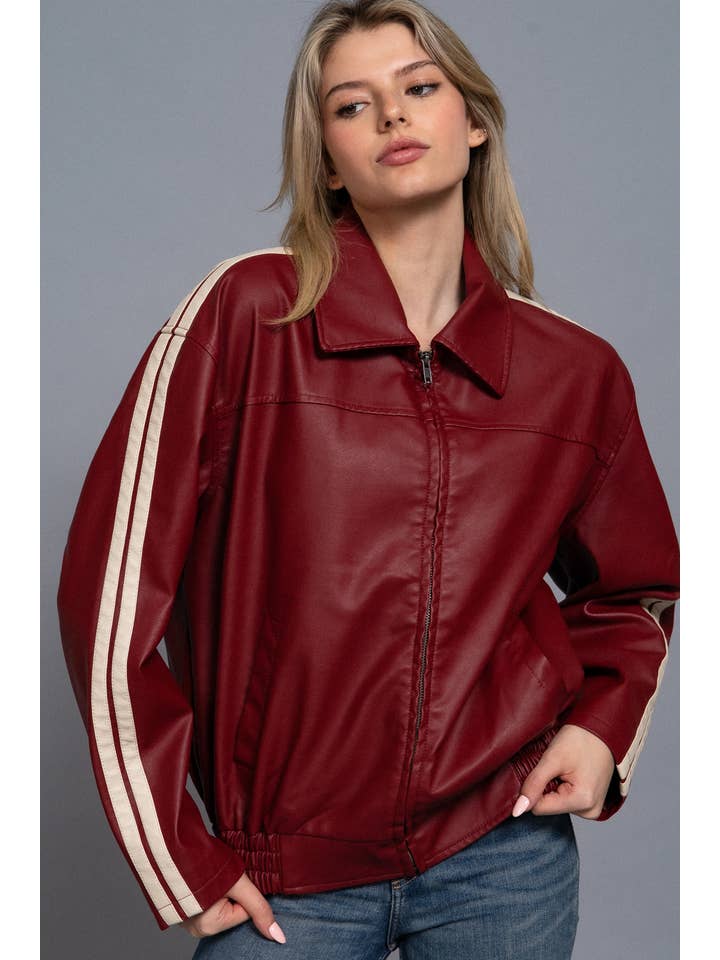 Active Basic | Active USA - Wholesale Leather Jacket - Women's - Long Sleeve Line Detail Faux Leather Jacket7