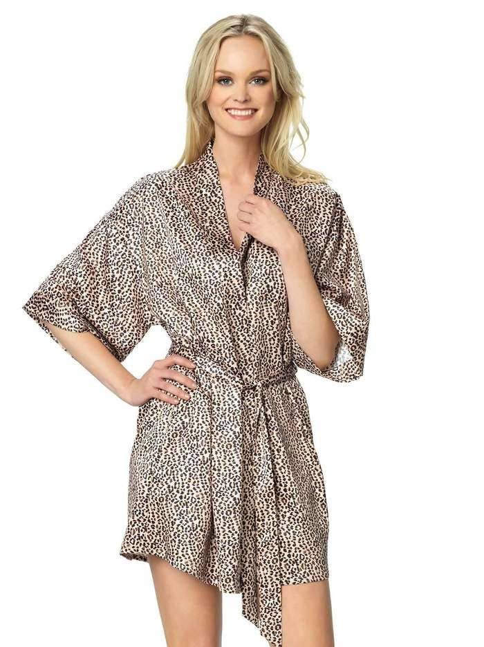 Cheetah Jezebel by Felina Muse Silky Satin Kimono Wrap Robe JZ75025 for wholesale on Faire2