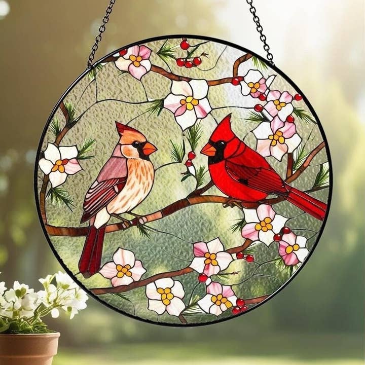 Cardinal Stained Glass Suncatcher, Male & Female Cardinal for wholesale by TMLECOM LTD