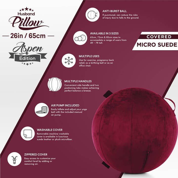 Husband Pillow - Wholesale Yoga mat - Yoga Ball SET - 26 inch/ 65cm - Aspen Edition - Micro Suede Leather - Manual Pump / Deflate20