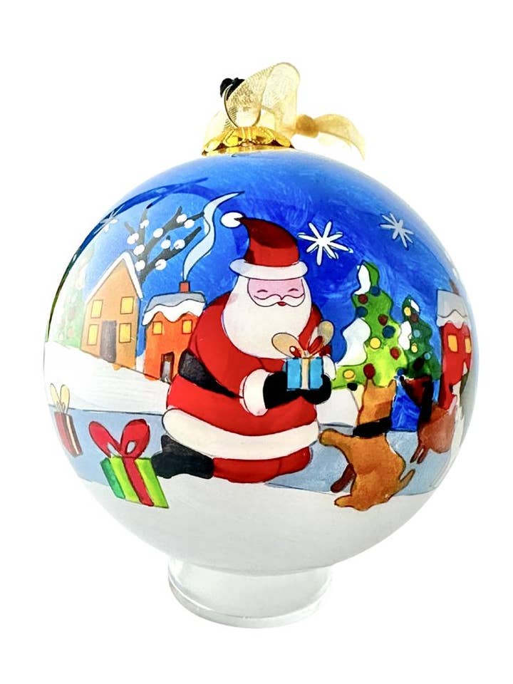 Hand-Painted Glass Ornament - Santa’s Dogs for wholesale by Kitty Keller Designs