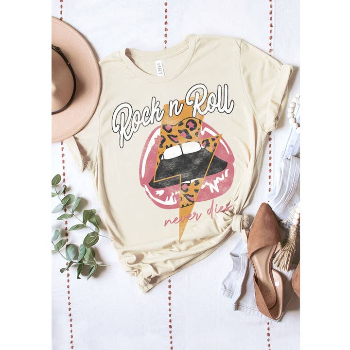 HRTandLUV - Wholesale Screen Printed T-Shirt - Women's - ROCK AND ROLL NEVER DIES WASHED GRAPHIC TEE0