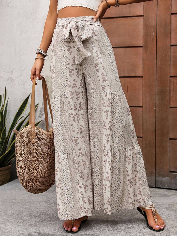 APRICOT LACE-UP PATCHWORK WIDE-LEG PANTS for wholesale on Faire