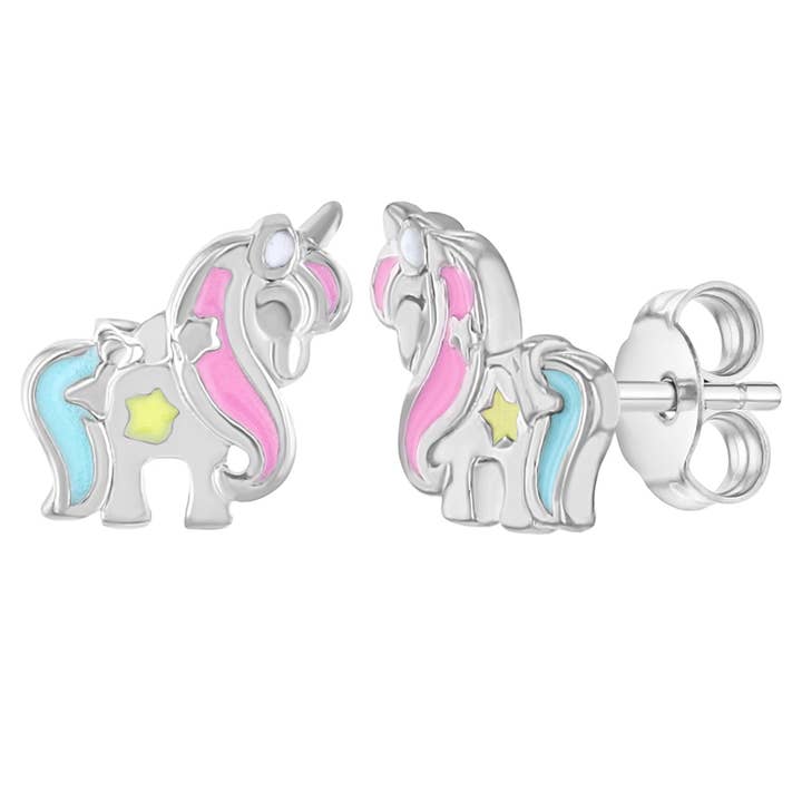 Unicorn Children's Girls Earrings Enamel - Sterling Silver for wholesale by In Season Jewelry