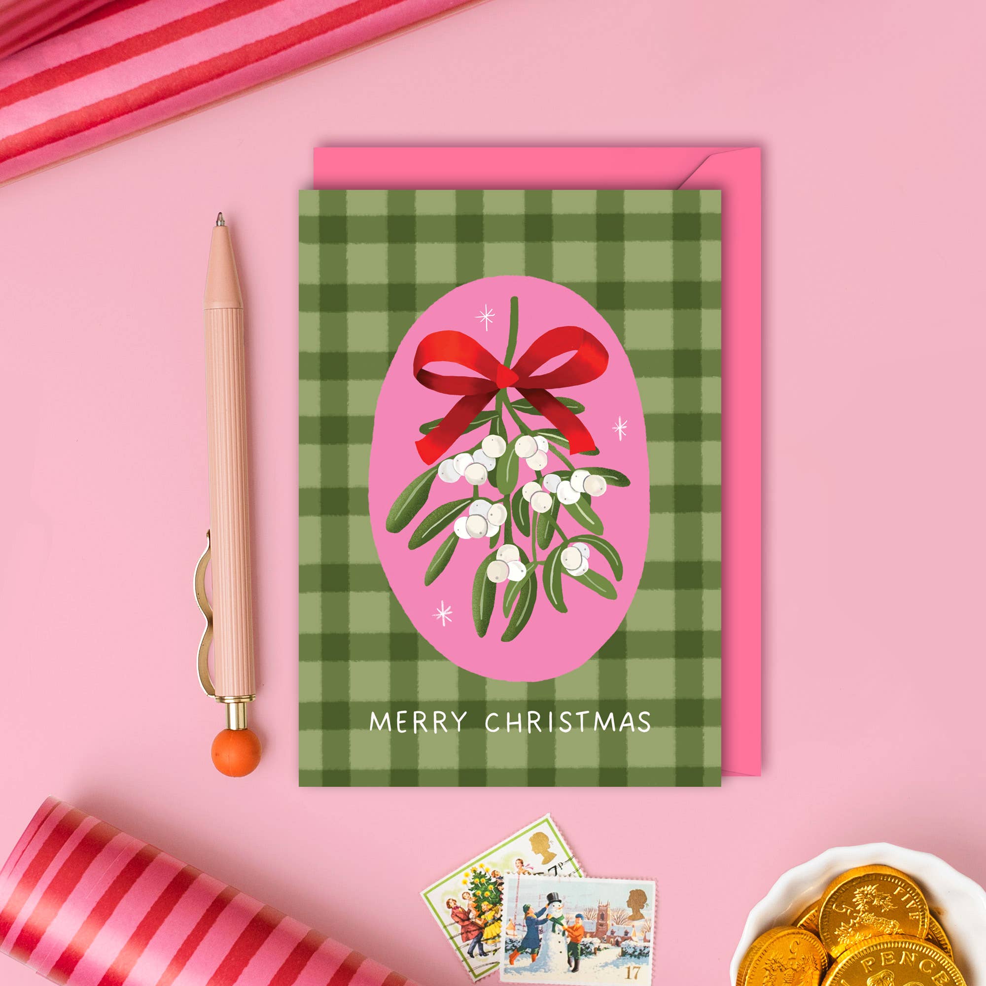 Natalie Lea Owen – Handmade Jewellery & Greeting Cards - Wholesale Christmas Card - Mistletoe Christmas Card | Cute Pink Gingham | Seasonal1