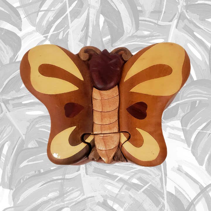 Jungle Butterfly, Red Interior-Hand Carved Keepsake Gift Box for wholesale by Carver Dan's