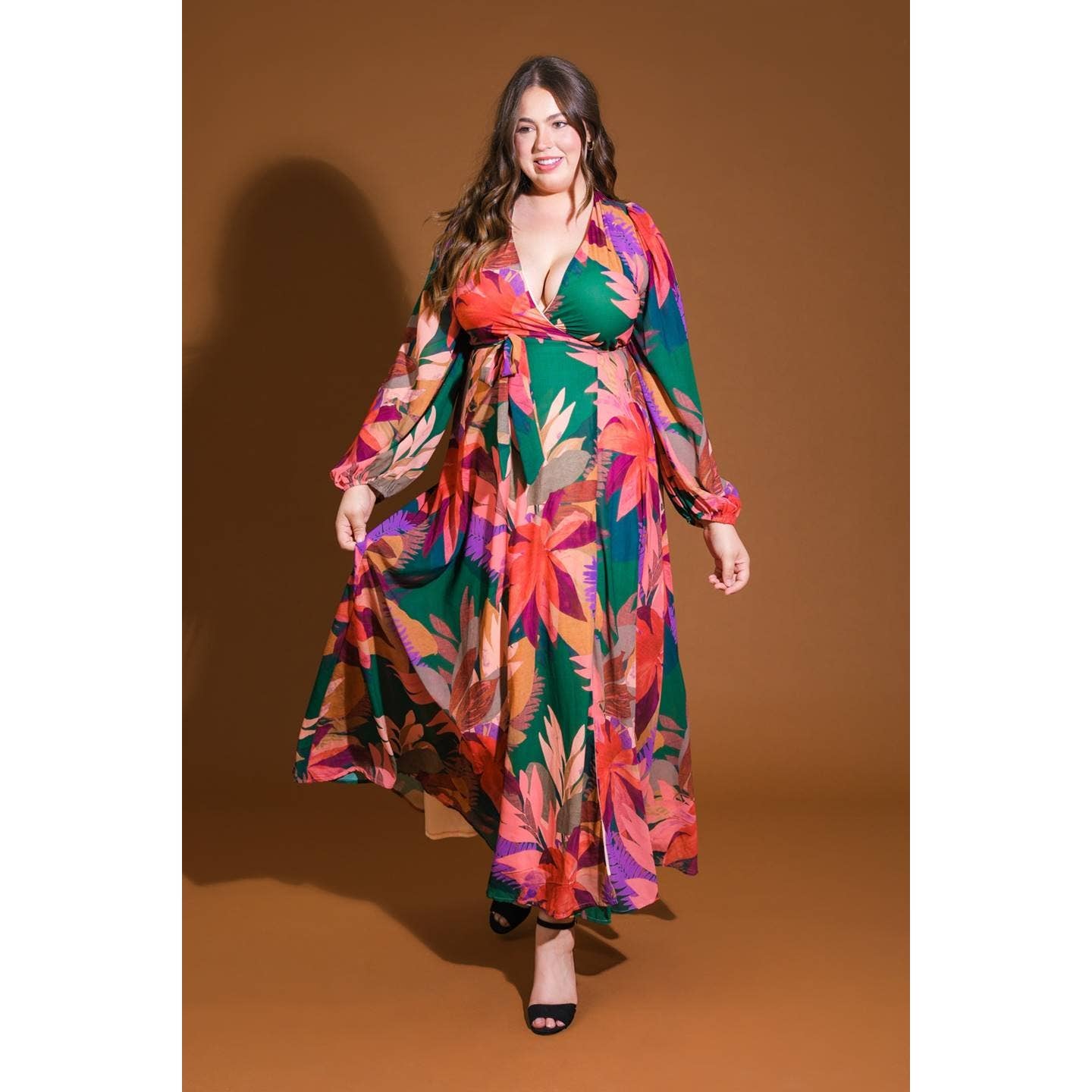 GREEN PLUS PRINTED WOVEN SURPLICE NECKLINE MAXI DRESS  for wholesale on Faire0