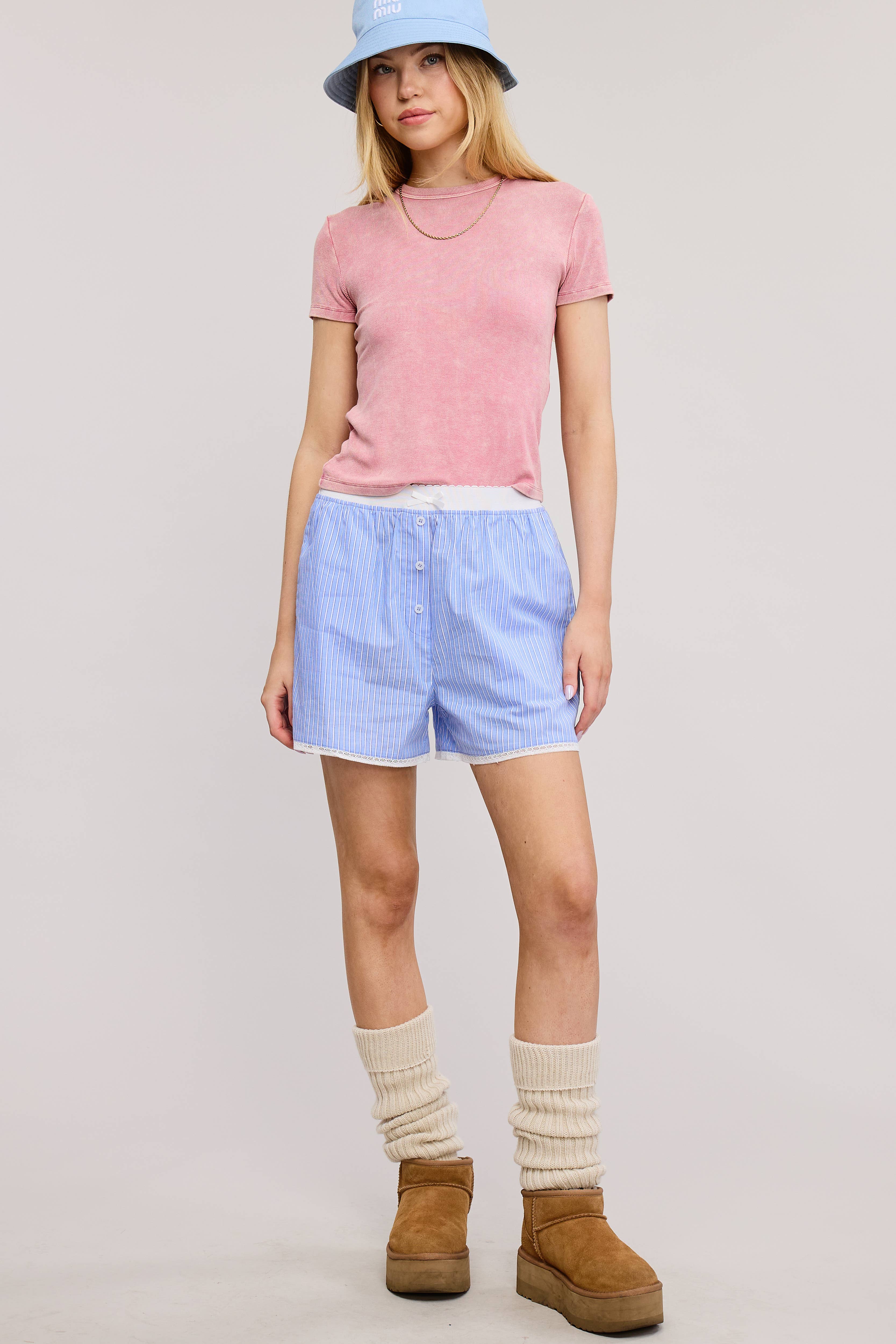 Mimosa - Wholesale Shorts - Women's - Scalloped Lace Hem Striped Boxer Style Shorts5