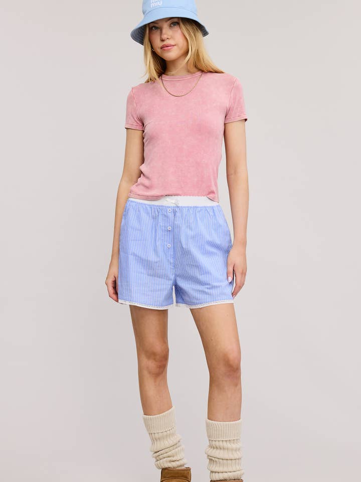 Mimosa - Wholesale Shorts - Women's - Scalloped Lace Hem Striped Boxer Style Shorts5