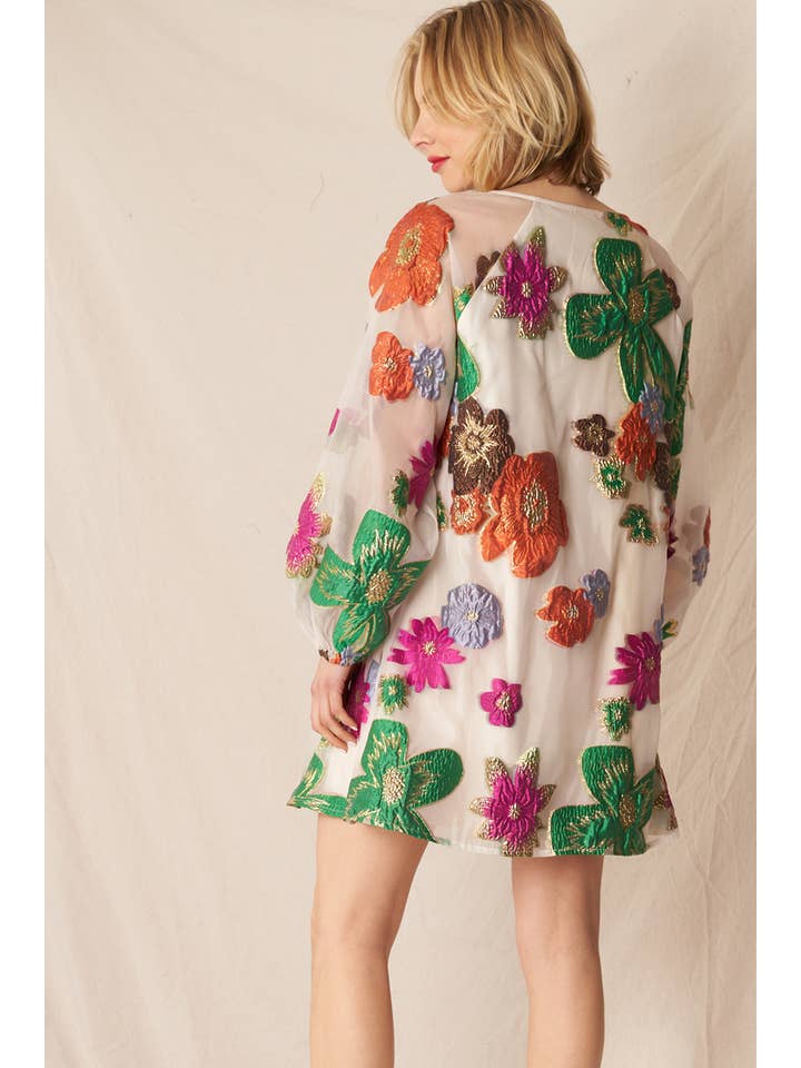 En Crème - Wholesale Dress - Women's - Bubble Sleeve Floral Organza Mini Dress