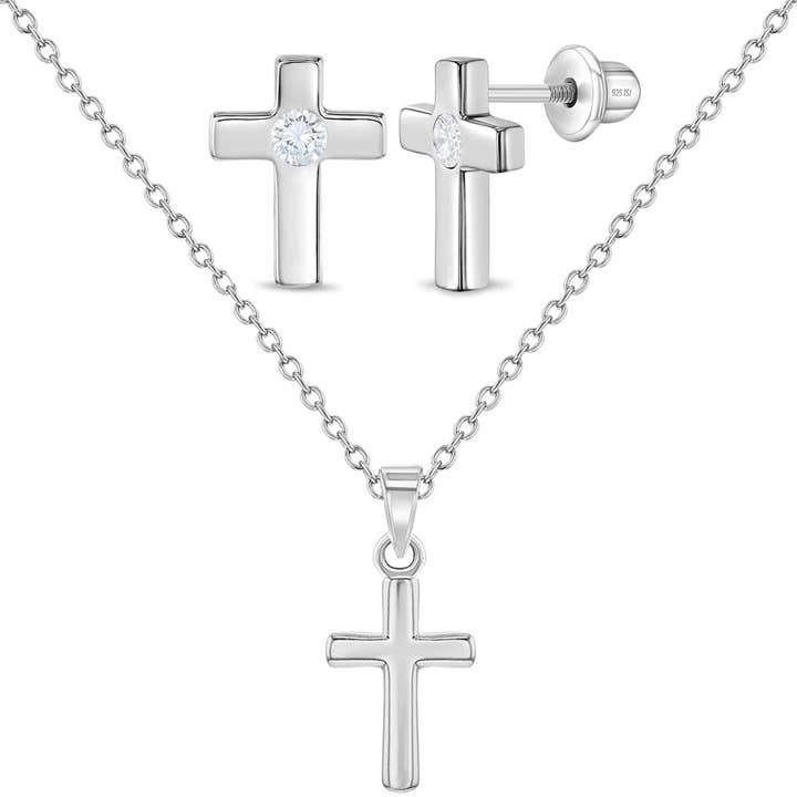 Classic Clear Cross Children Jewelry Set - Sterling Silver for wholesale by In Season Jewelry