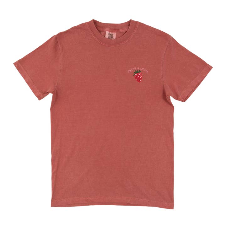 Paper Farm Press - Wholesale Screen Printed T-Shirt - Women's - Strawberry Farmers Market Tee - Crimson4