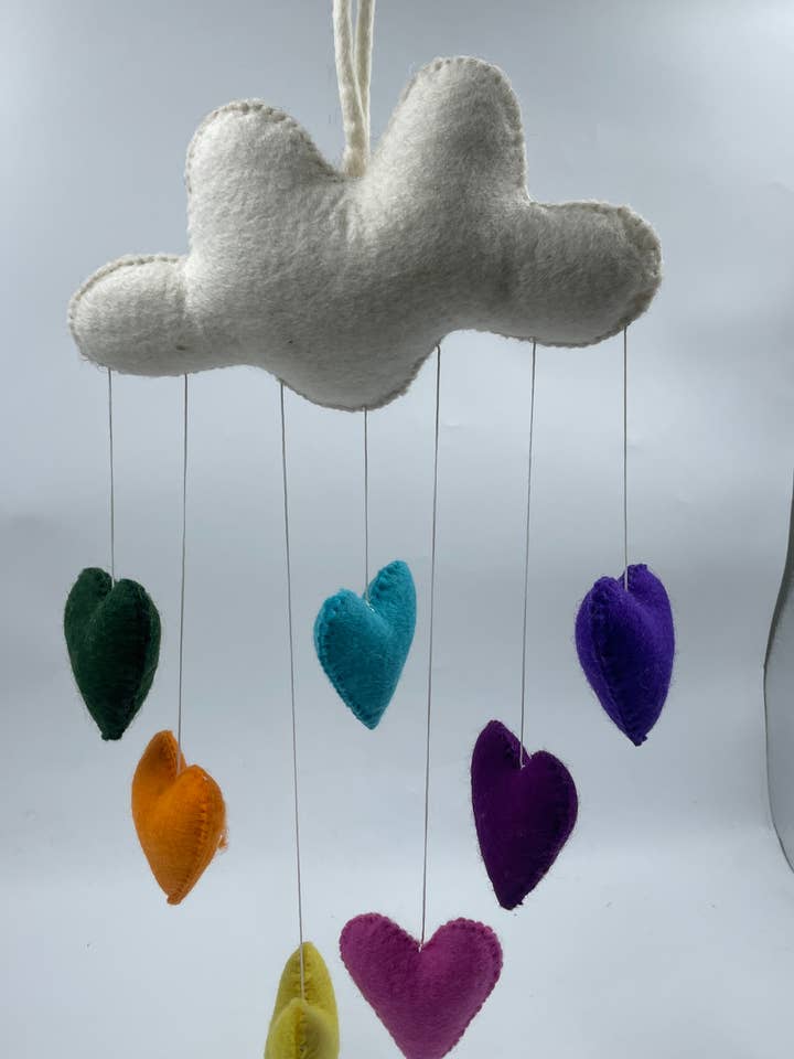Handmade Felt Cloudy Heart Rain drop Mobile Room Decoration for wholesale by Funky Yak Ltd