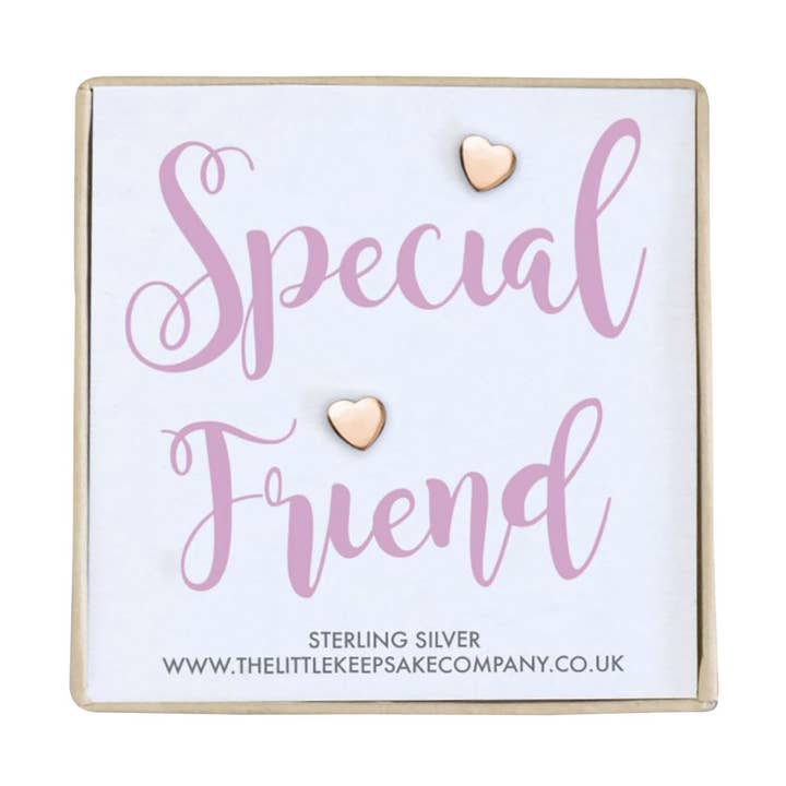 Boucles d'oreilles en or rose avec citation en vermeil - Special Friend pour la vente par The Little Keepsake Company