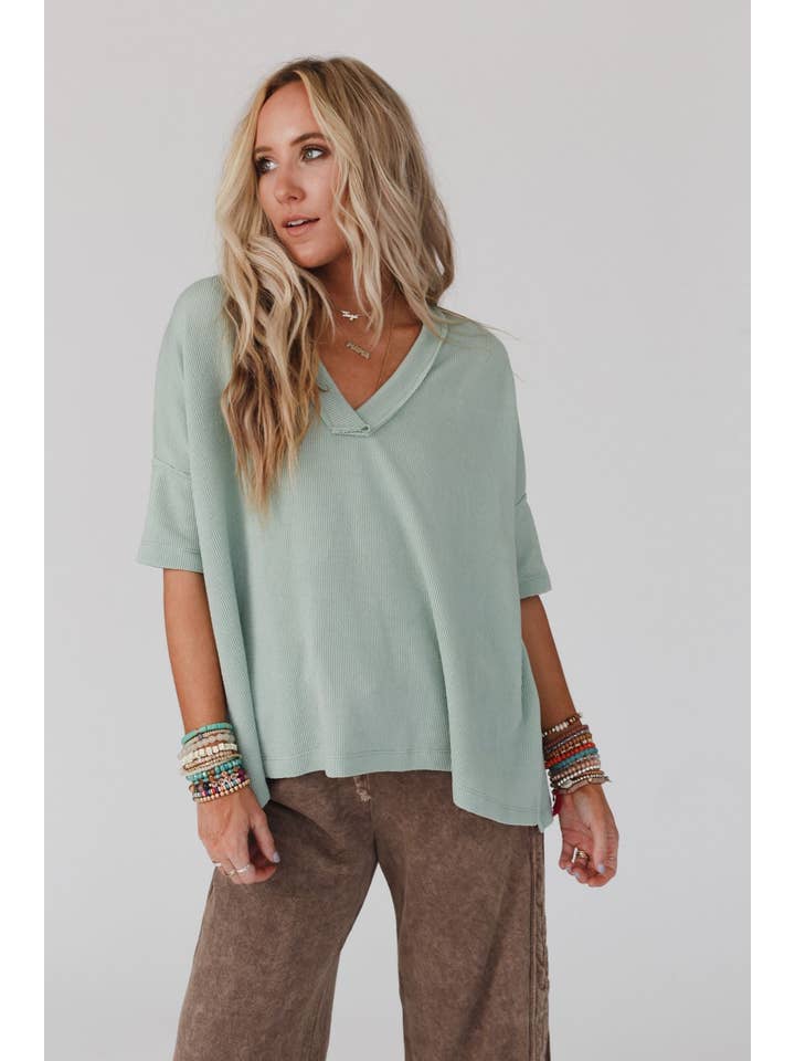 Three Bird Nest - Wholesale Knit Top - Women's - On The Go V Neck Ribbed Essential Tee - Sage