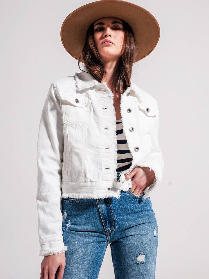 Bianco Giacca in denim bianco con bordo grezzo in vendita all'ingrosso su Faire3