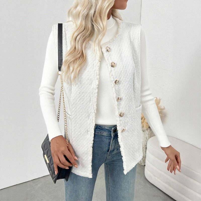 Blanc Gilet Élégant en Tweed pour Femme Blanc Sans Manches en vente sur Faire1