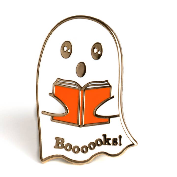 Boooooks Ghost Enamel Pin for wholesale by Bona Fide Bookworm