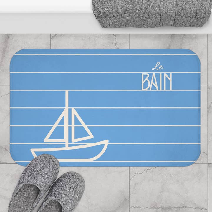 Nautical Baby Blue “Le Bain” Bath Mat — Striped Kid's Sailboat Bathroom Rug for wholesale by MARA Style