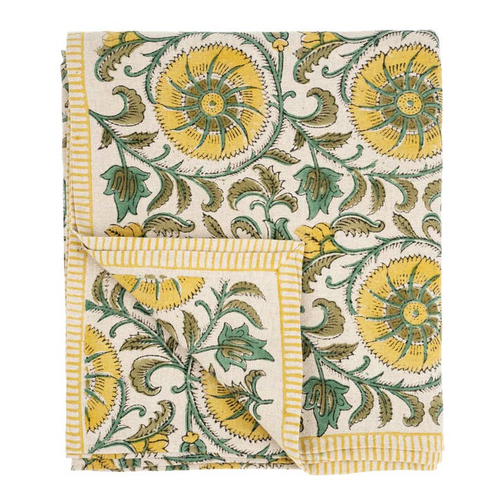 Botanique Block Print Tablecloth Green for wholesale by Indaba Trading