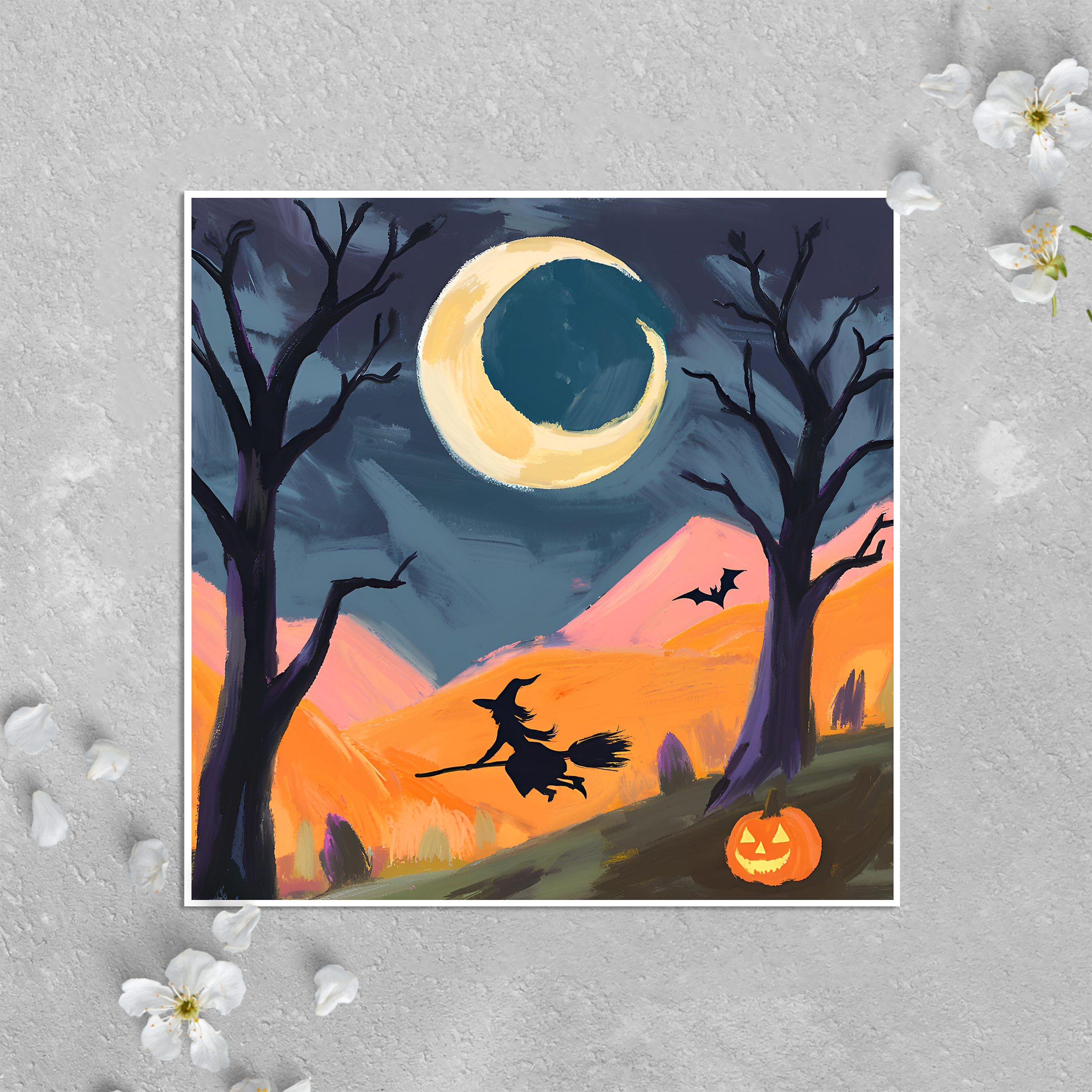 KalooMoon Art - Vendita all'ingrosso Biglietti di auguri di buone feste - Biglietto di Halloween: Piccola strega che vola sulla scopa di notte0