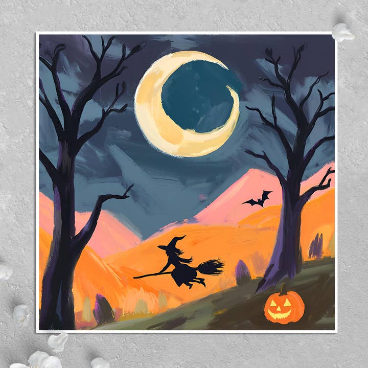 Carte Halloween : Petite sorcière volant sur un balai la nuit pour la vente par KalooMoon Art