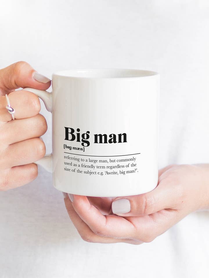Big Man Greeting Scots Saying Mug Housewarming Gift Minimalist Monochrome Typography Funny Scandi Scotland Slang Definition Scottish for wholesale by Kalloway Design
