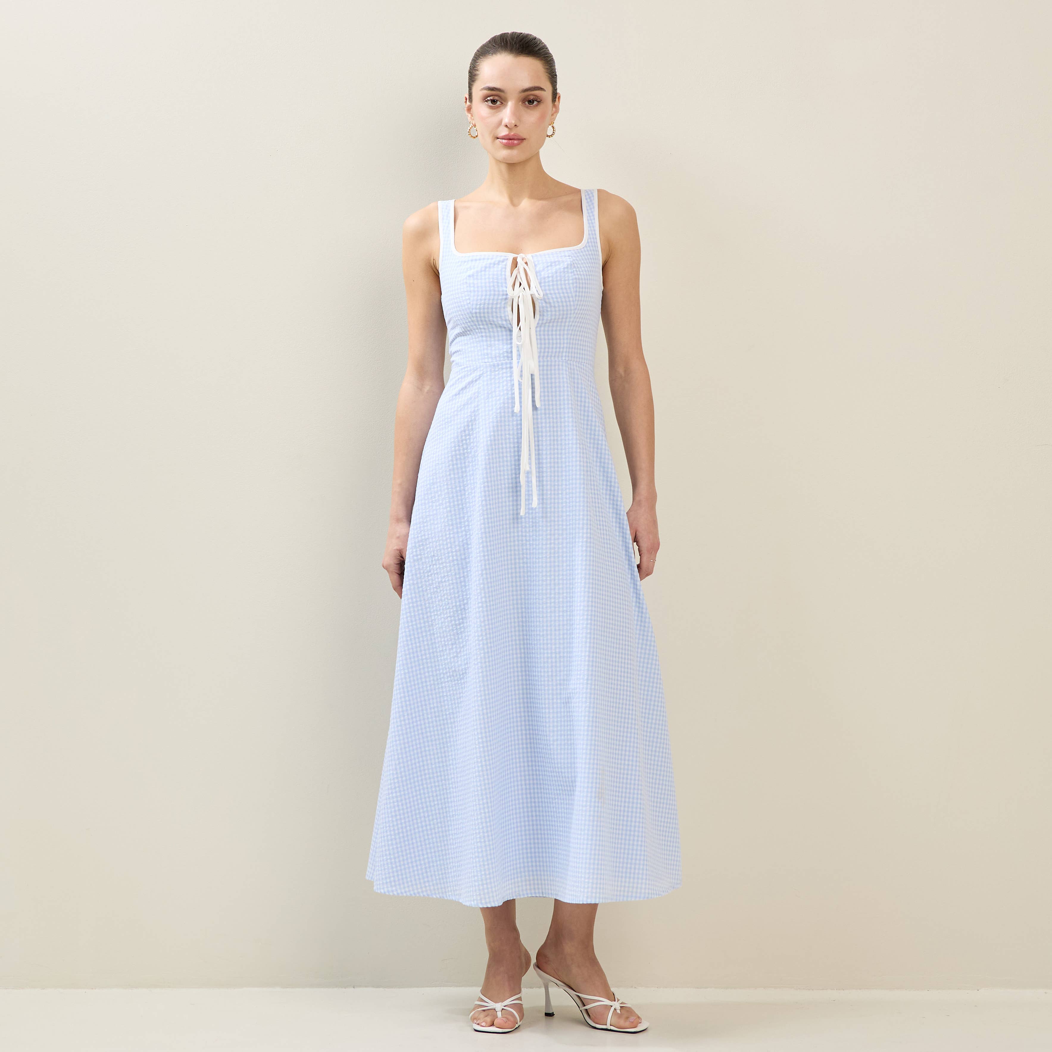Sky White Tie Front Gingham Dress for wholesale on Faire0