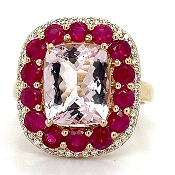 14K Yellow Gold Ring with 3.3 Carat Cushion-Cut Pink Morganite Gemstone (PJC34163R) for wholesale by Blue Star Gems NY