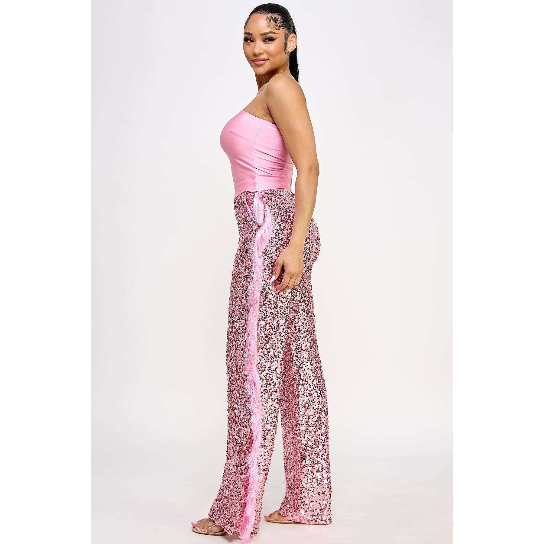 Esmeray Clothing - Wholesale Top & Pant Set (NOT Loungewear) - Women's - Glamour Sparkle One-Shoulder Tassel Set5