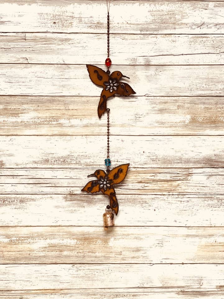Hummingbird GF Double Bell Rustic Hummingbird Garden Chime for wholesale by Universal Ironworks USA