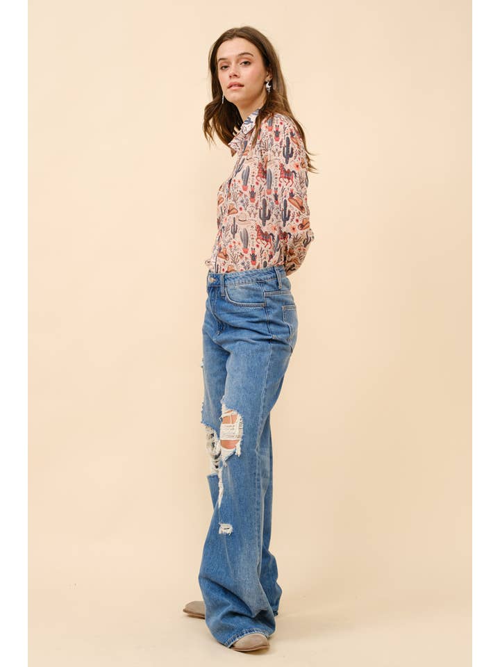 Blue B - Wholesale Button Down Shirt - Women's - 36204T - Western Print Chiffon Button Up Blouse4