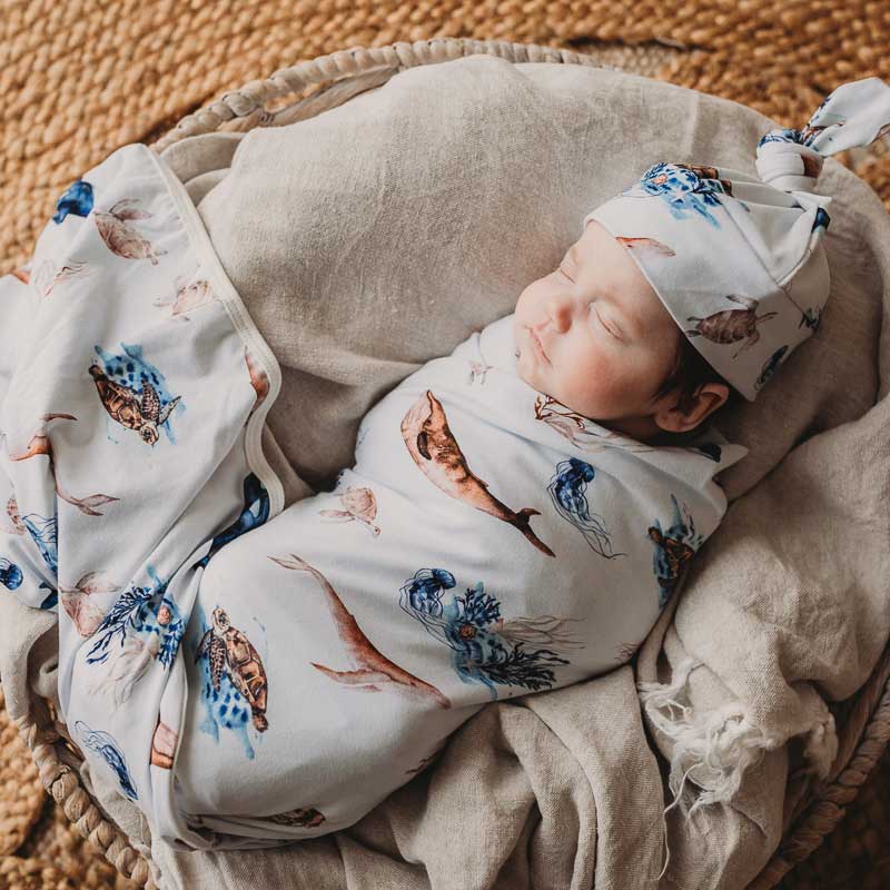 SNUGGLY JACKS - Wholesale Swaddle set – Baby - Ocean Jersey Swaddle Stretch Wrap & Beanie1