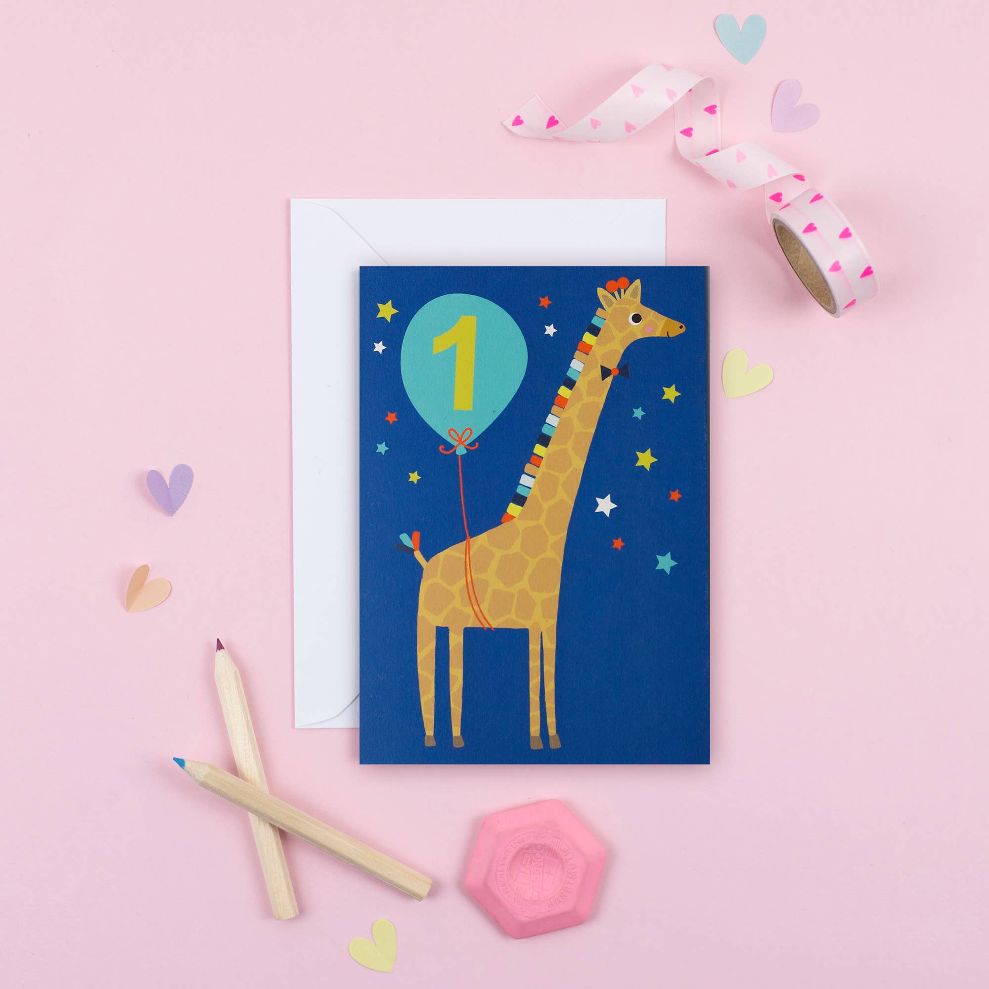 Mifkins - Wholesale Birthday Card - Joyful Giraffe 1st Birthday Card | Blue Animal Theme Fun8