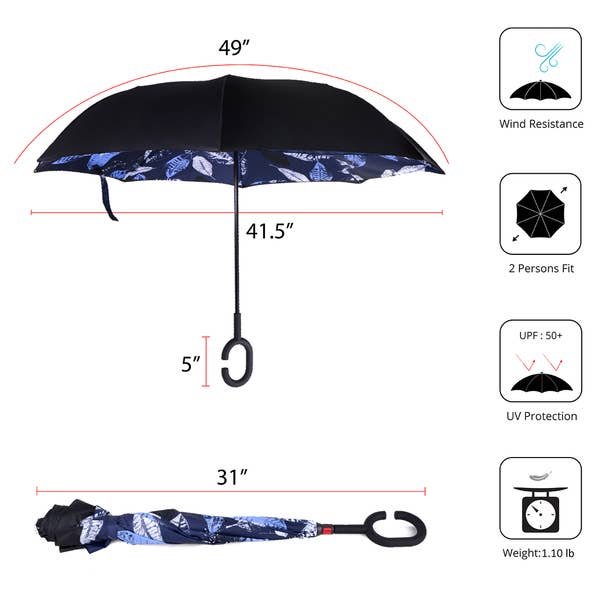 Selini New York - Wholesale Umbrella – Unisex - Blue Leaf Batik Inverted Umbrella2