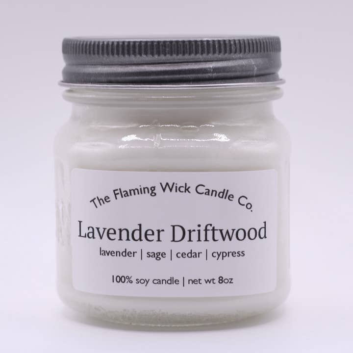 Lavender Driftwood soy candle glass mason jar w/pewter lid for wholesale by The Flaming Wick Candle Co.