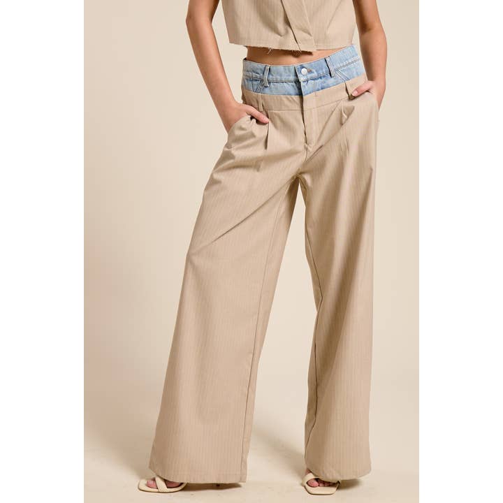 BEIGE Denim Waistband Contrast Stripe Wide Leg Trousers MB5057 for wholesale on Faire1