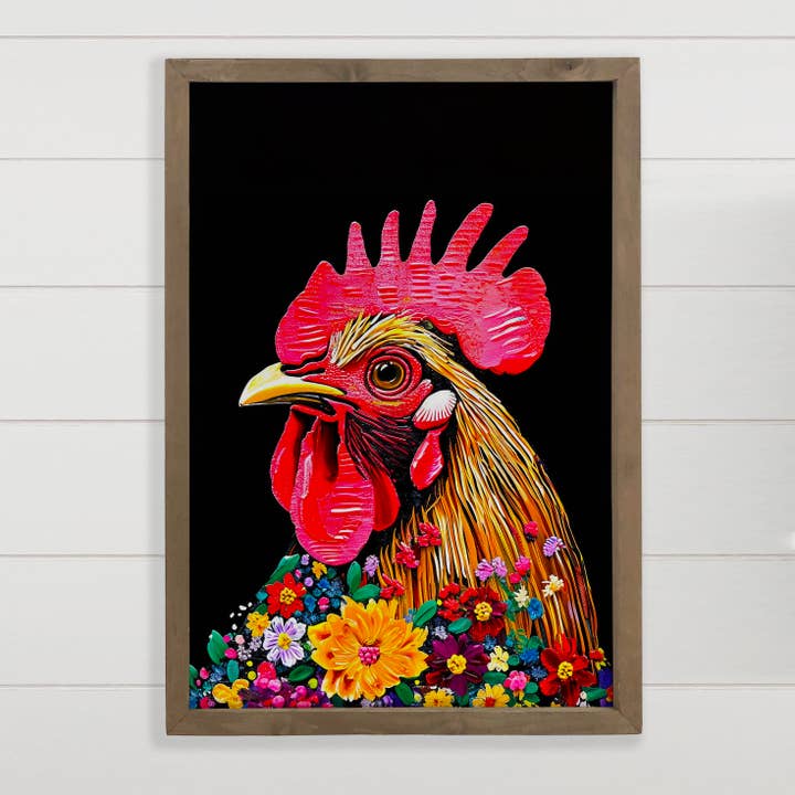 Colorful Floral Chicken - Chicken Canvas Art - Wood Framed for wholesale by Hangout Home