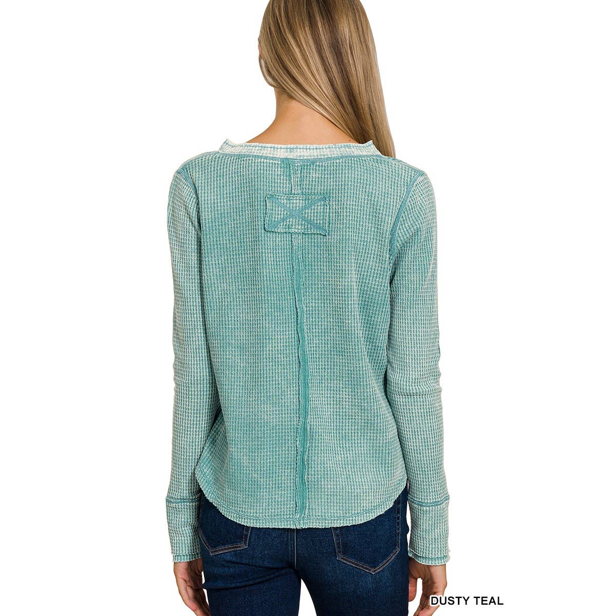 Apolline - Wholesale Knit Top - Women's - Washed Baby Waffle Henley Long Sleeve Top - Back Patch11