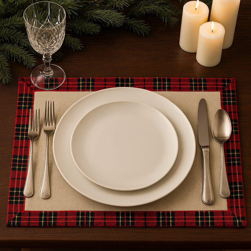 Fennco Styles - Vente Sets de table - Napperon de Noël naturel à garniture tartan1