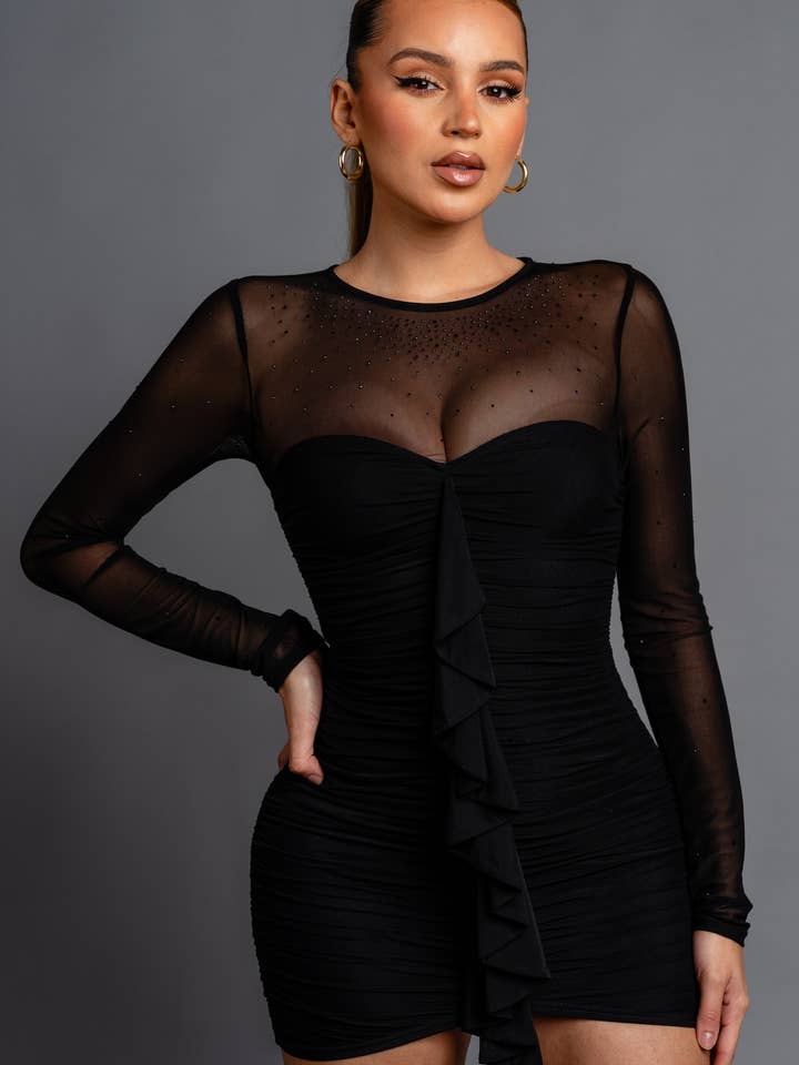 PRIVY – Großhandel Kleid – Damen – PD77735KTP / LANGÄRMLIGES MINIKLEID AUS MESH3