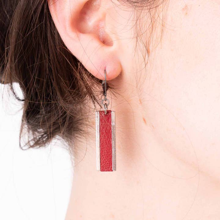 Long Rectangle Drop Earrings With Leather Inlay Red for wholesale by Sobo & Co Jewellery