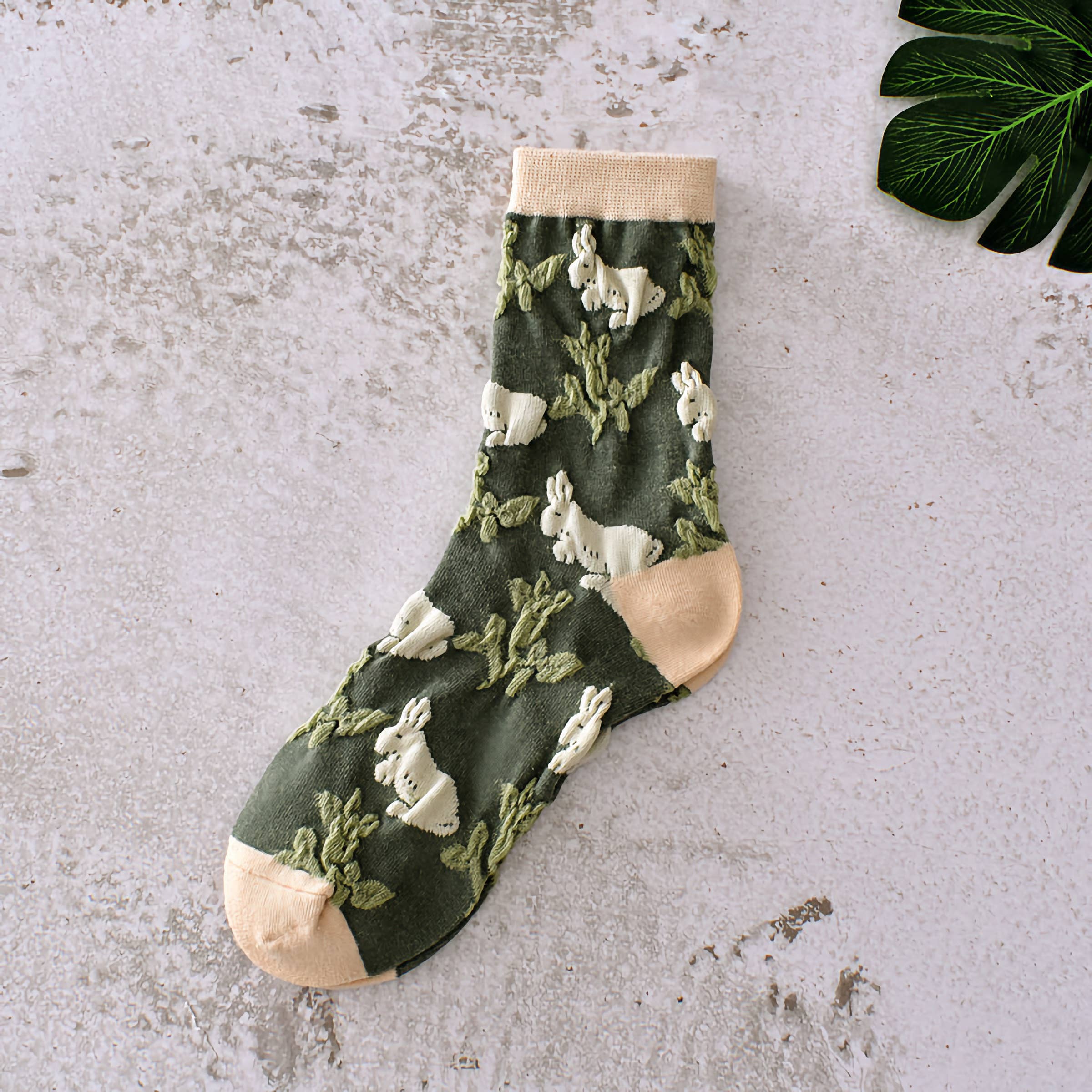 Happy Knits - Wholesale Socks - Women's - Green Floral Socks - Vintage Crew Socks For Women Cozy1