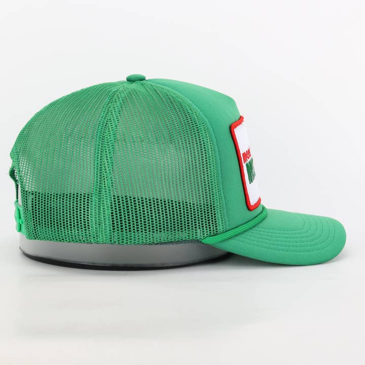 Meet Me Under The Mistletoe Trucker Hat in Green for wholesale on Faire5