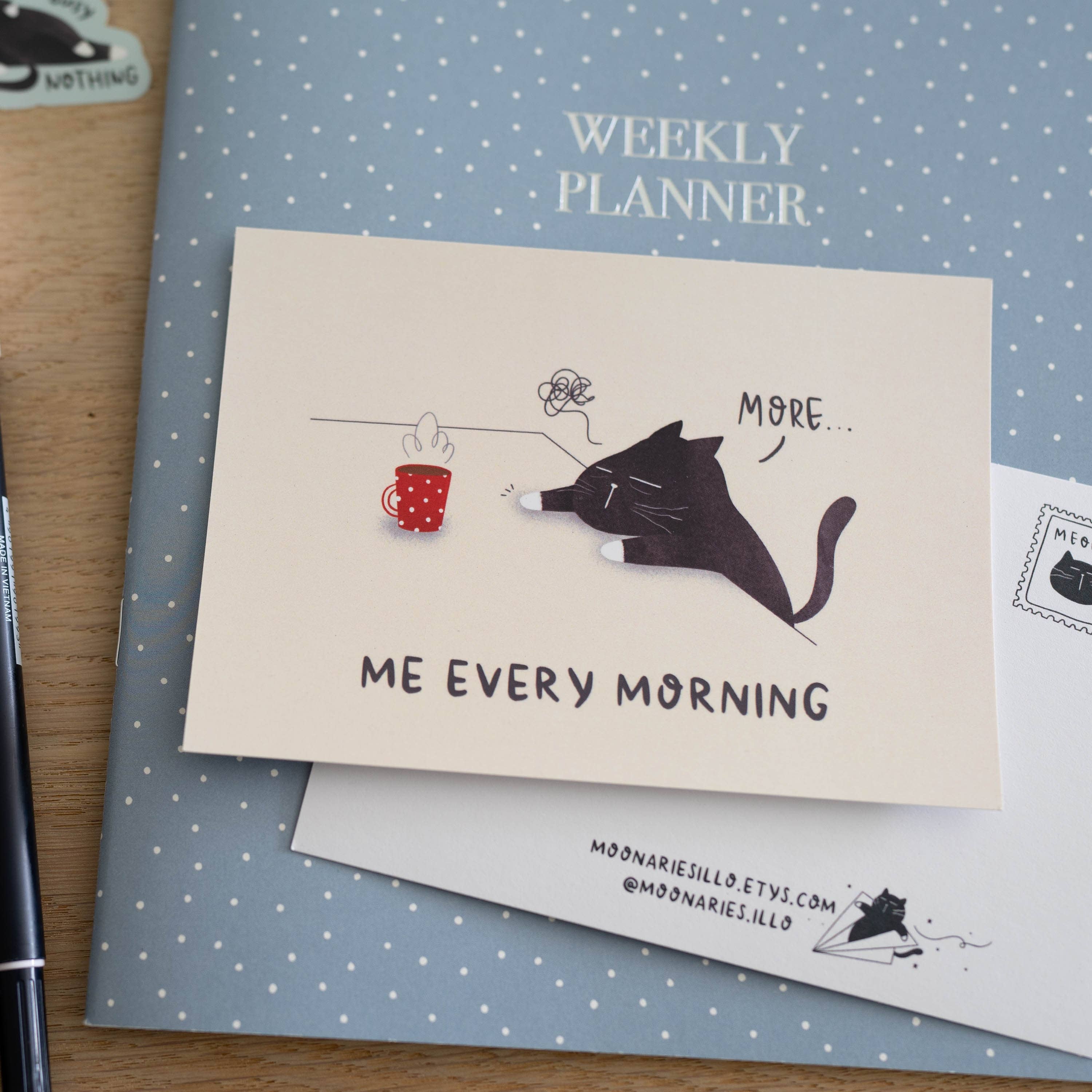 Moonaries illo - Wholesale Postcard - Funny black cat A6 size postcard "Me every morning"1