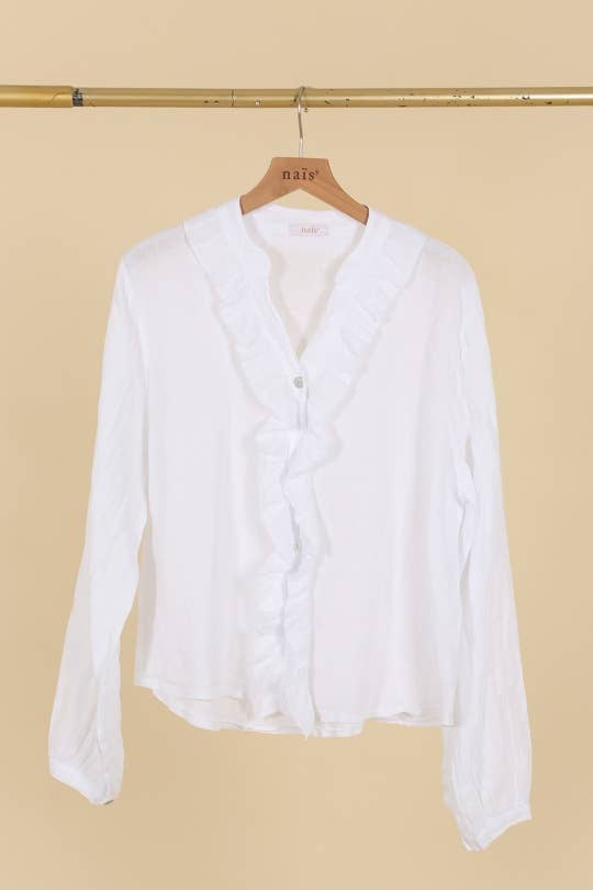 NAÏS PARIS – wholesale Tröja med knappar – Dam – Skjorta med krage och volangdetaljer i 100 % linne2