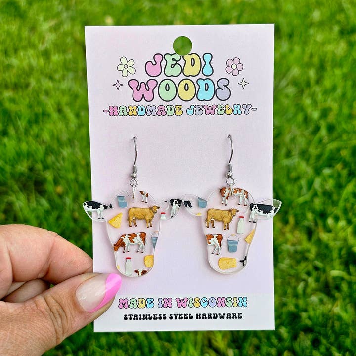 Milk, Cheese and Double Cow Acrylic Earrings for wholesale by Jedi Woods LLC